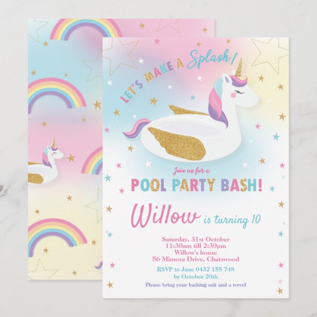 Rainbow Unicorn Bassäng Party födelsedagsinbjudan Inbjudningar (Fram/baksida)