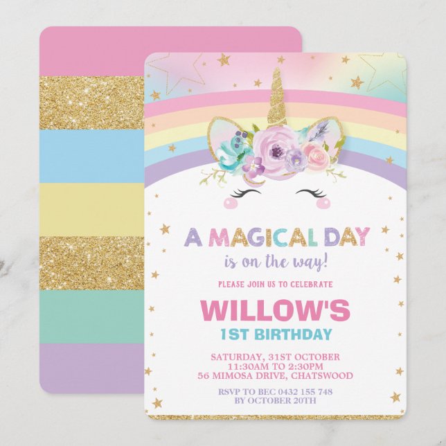 Rainbow Unicorn Birthday bjudande 1:a födelsedagen Inbjudningar (Fram/baksida)