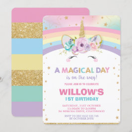 Rainbow Unicorn Birthday bjudande 1:a födelsedagen Inbjudningar