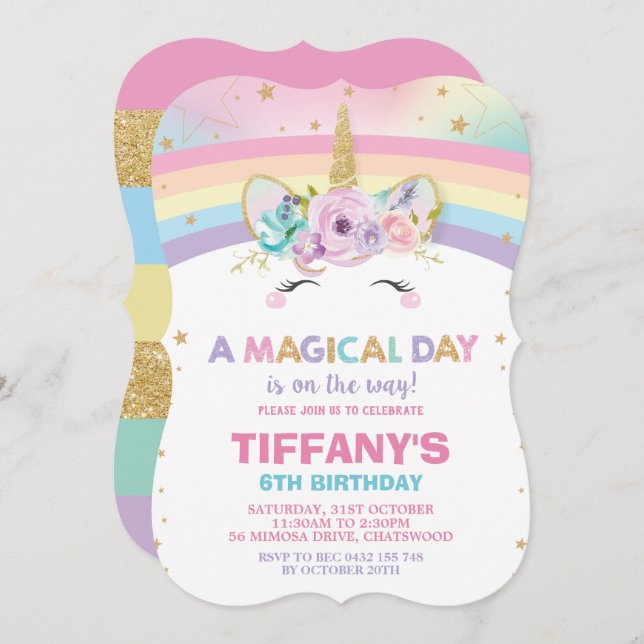 Rainbow Unicorn Birthday bjudande 1:a födelsedagen Inbjudningar (Fram/baksida)