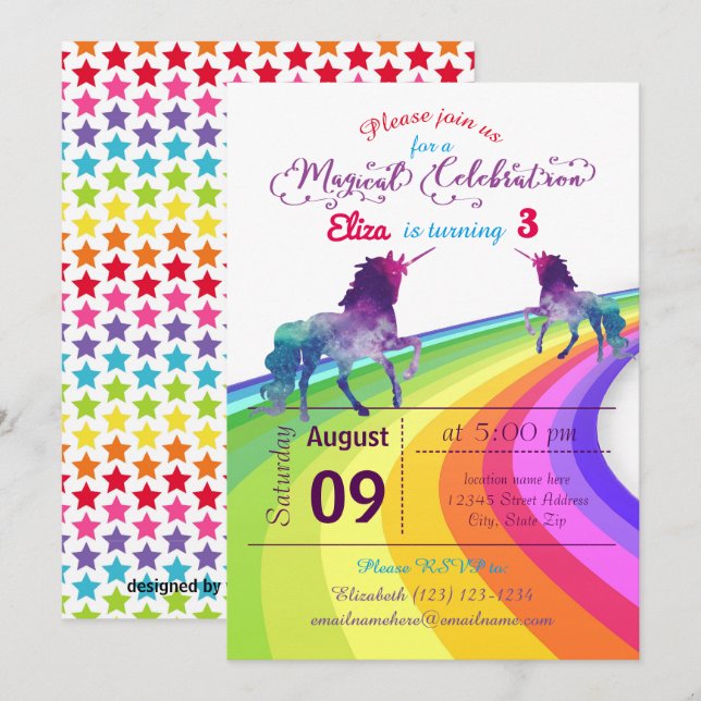 Rainbow Unicorn - Birthday bjudande Inbjudningar (Fram/baksida)