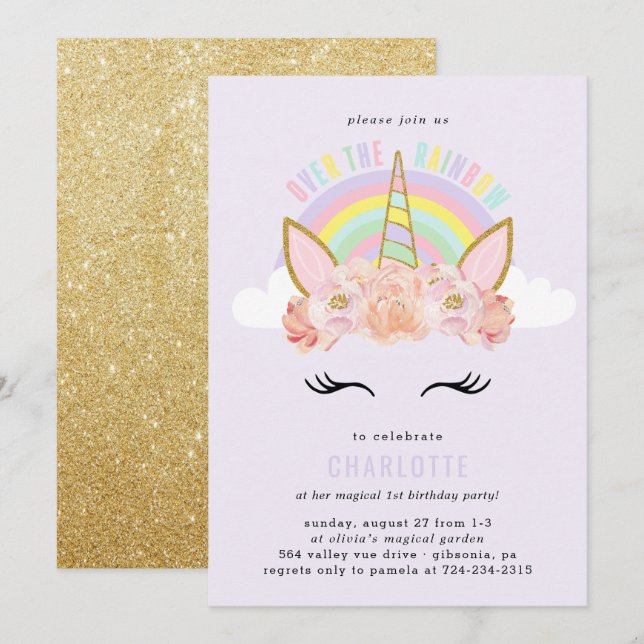 Rainbow Unicorn Birthday bjudande Rosa Guld Inbjudningar (Fram/baksida)