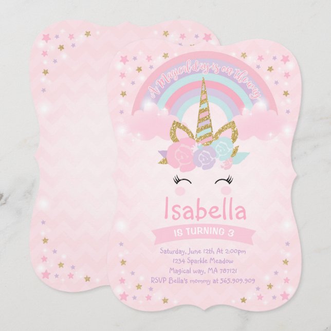 Rainbow Unicorn Birthday bjudande Rosa Guld Inbjudningar (Fram/baksida)