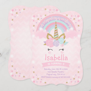 Rainbow Unicorn Birthday bjudande Rosa Guld Inbjudningar