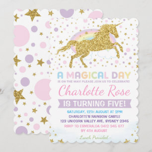 Rainbow Unicorn Birthday bjudande Rosa Guld Inbjudningar