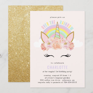 Rainbow Unicorn Birthday bjudande Rosa Guld Inbjudningar