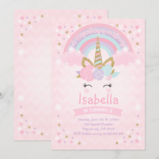 Rainbow Unicorn Birthday bjudande Rosa Guld Inbjudningar (Fram/baksida)