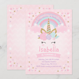Rainbow Unicorn Birthday bjudande Rosa Guld Inbjudningar