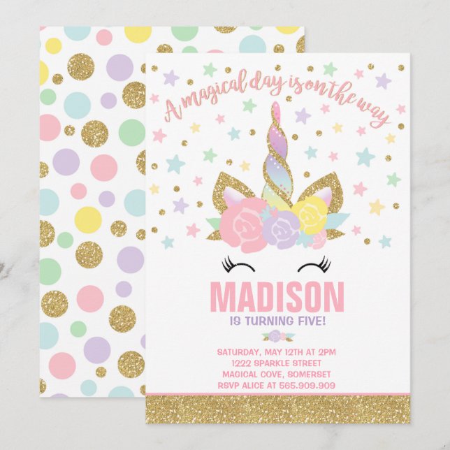 Rainbow Unicorn Birthday bjudande Rosa Guld Inbjudningar (Fram/baksida)