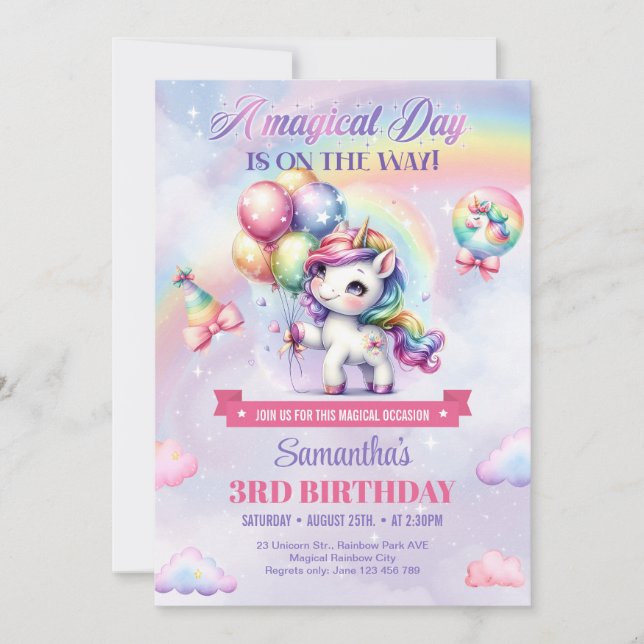 Rainbow Unicorn Birthday Girls Pastel 3rd Birthday Inbjudningar (Framsida)