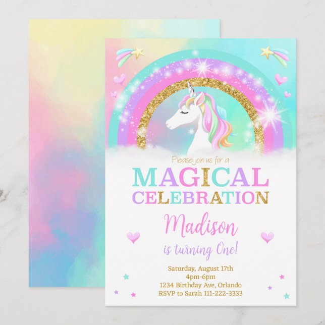 Rainbow Unicorn Birthday Inbjudan (Fram/baksida)