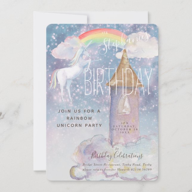 Rainbow Unicorn Birthday Inbjudan (Framsida)