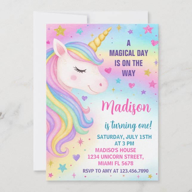 Rainbow Unicorn Birthday-inbjudan Inbjudningar (Framsida)