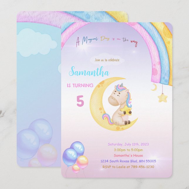 Rainbow Unicorn Birthday-inbjudan Inbjudningar (Fram/baksida)