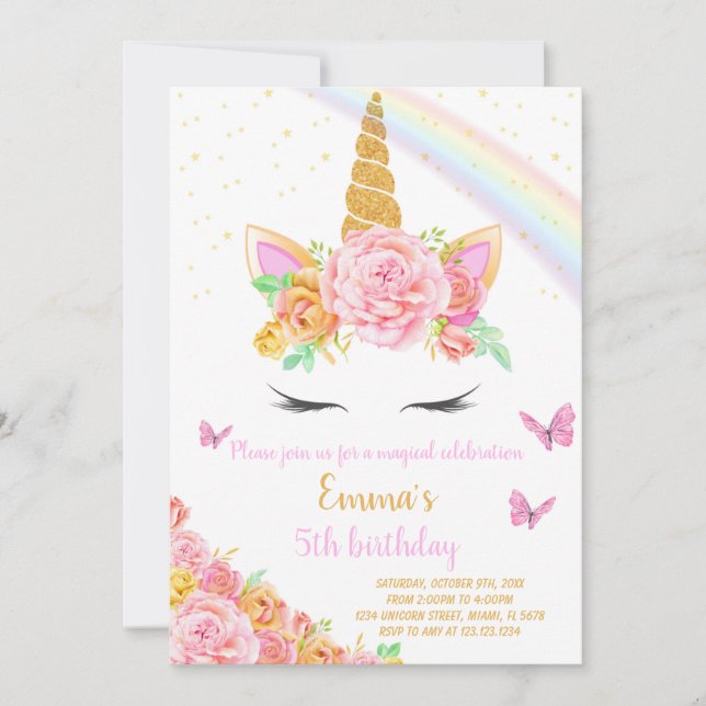 Rainbow Unicorn Birthday-inbjudan Inbjudningar (Framsida)