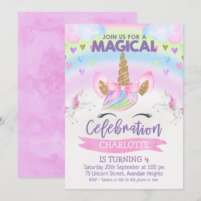 Rainbow Unicorn Birthday-inbjudan Inbjudningar (Fram/baksida)