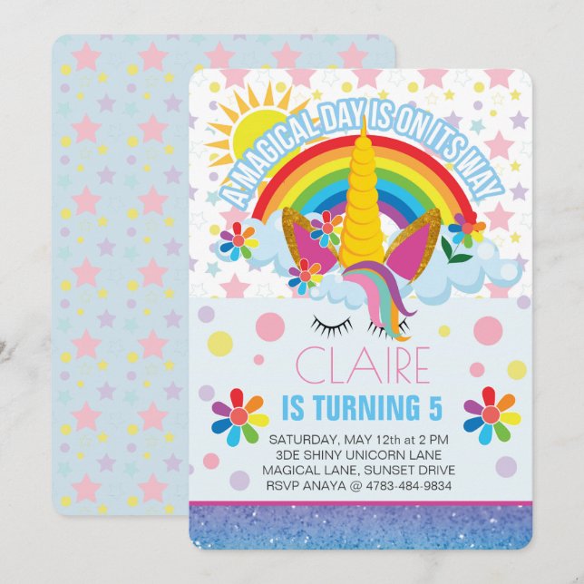 Rainbow Unicorn Birthday-inbjudan Inbjudningar (Fram/baksida)