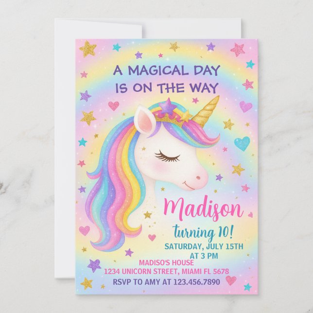 Rainbow Unicorn Birthday-inbjudan Inbjudningar (Framsida)