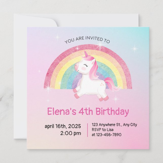 Rainbow Unicorn Birthday-inbjudan Inbjudningar (Framsida)