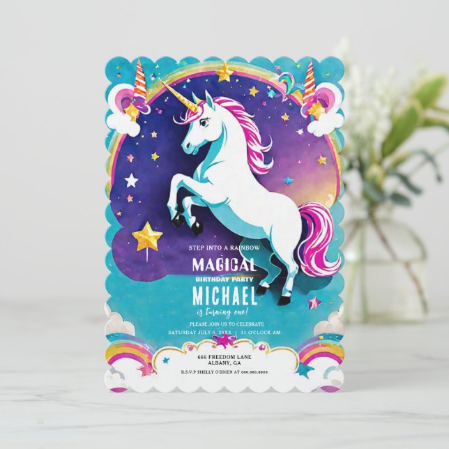 Rainbow Unicorn Birthday Inbjudan - Magic! (Stående Fram)