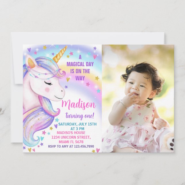 Rainbow Unicorn Birthday-inbjudan med foto Inbjudningar (Framsida)