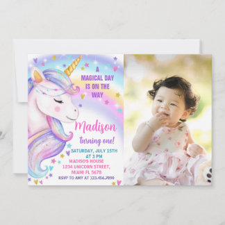 Rainbow Unicorn Birthday-inbjudan med foto Inbjudningar