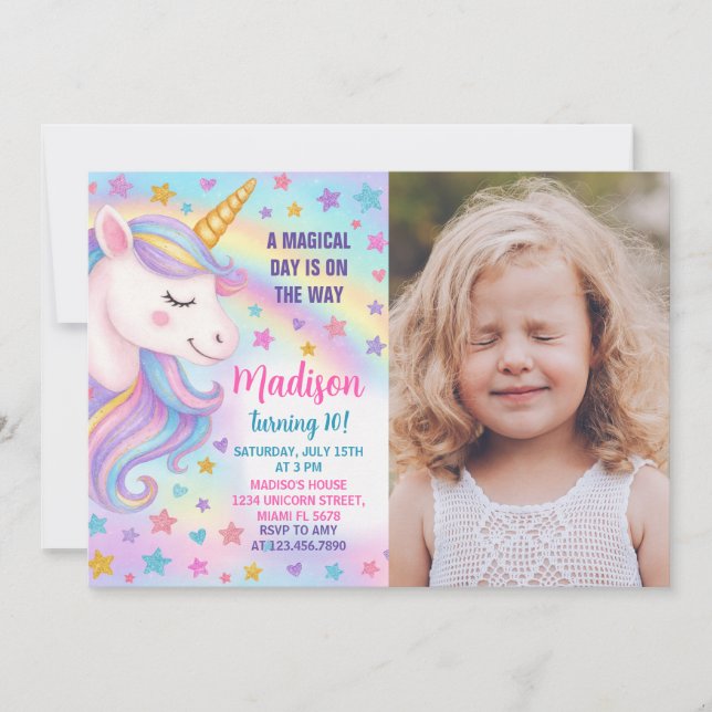 Rainbow Unicorn Birthday-inbjudan med foto Inbjudningar (Framsida)