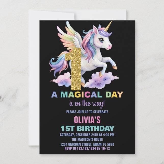 Rainbow Unicorn Birthday-inbjudningar - flygresa Inbjudningar (Framsida)