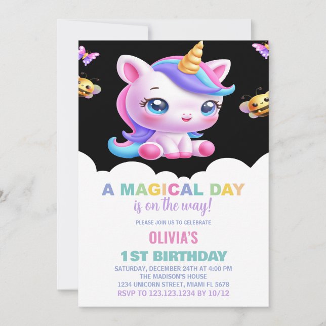 Rainbow Unicorn Birthday-inbjudningar Inbjudningar (Framsida)