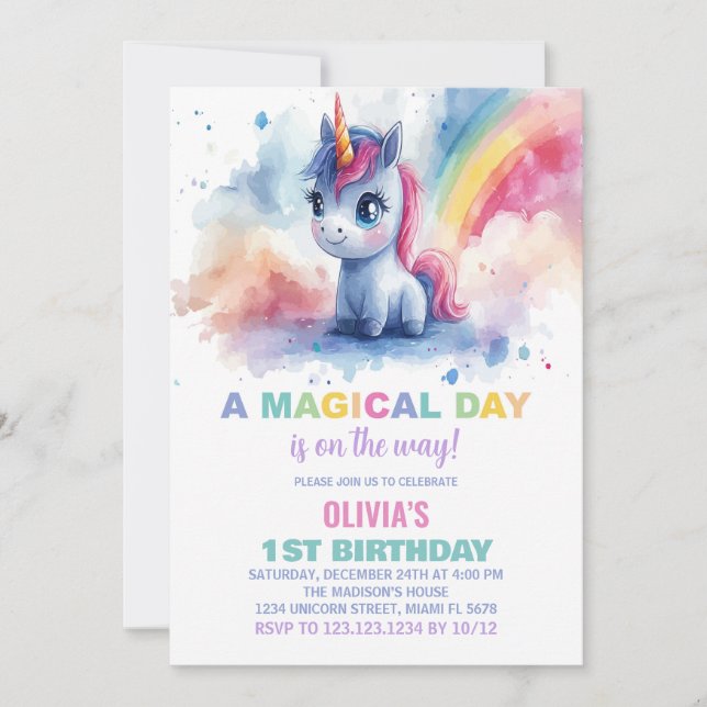 Rainbow Unicorn Birthday-inbjudningar Inbjudningar (Framsida)