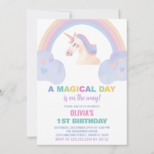 Rainbow Unicorn Birthday-inbjudningar Inbjudningar (Framsida)