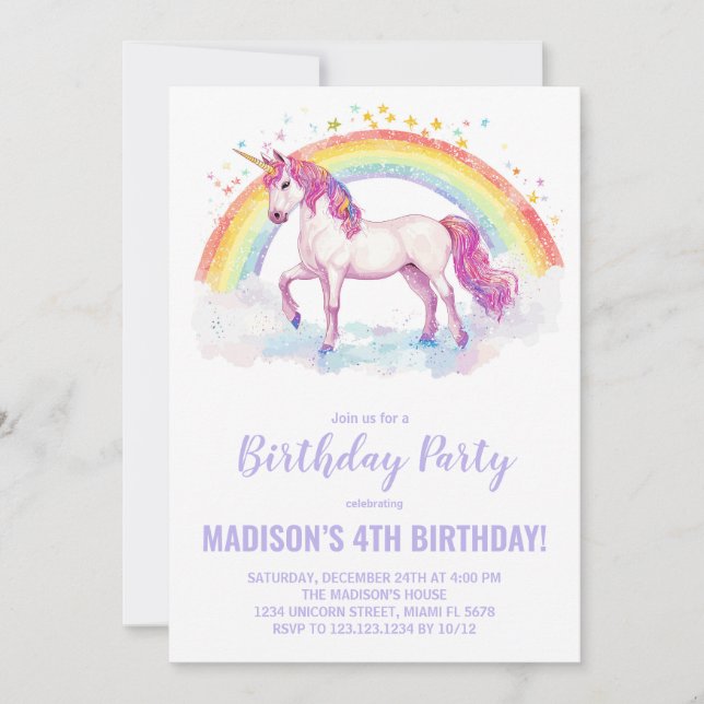 Rainbow Unicorn Birthday-inbjudningar Inbjudningar (Framsida)