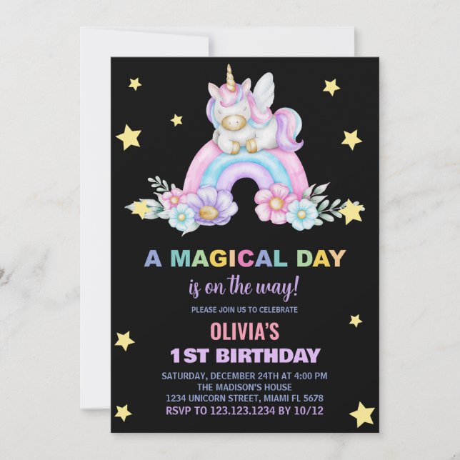 Rainbow Unicorn Birthday-inbjudningar Inbjudningar (Framsida)