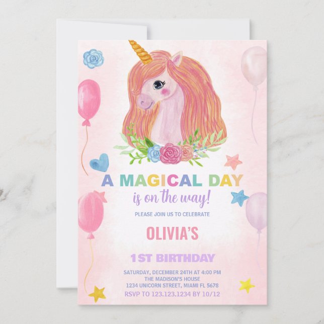 Rainbow Unicorn Birthday-inbjudningar Inbjudningar (Framsida)