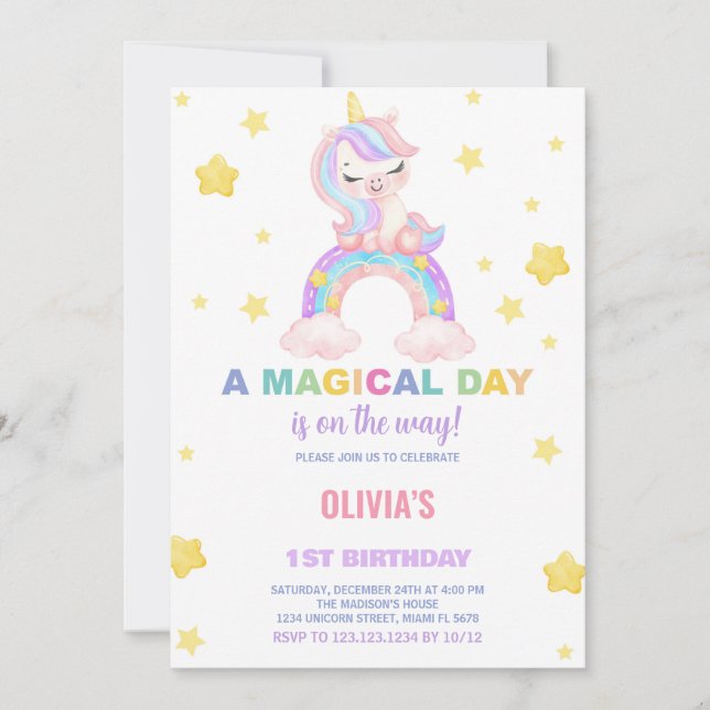 Rainbow Unicorn Birthday-inbjudningar Inbjudningar (Framsida)