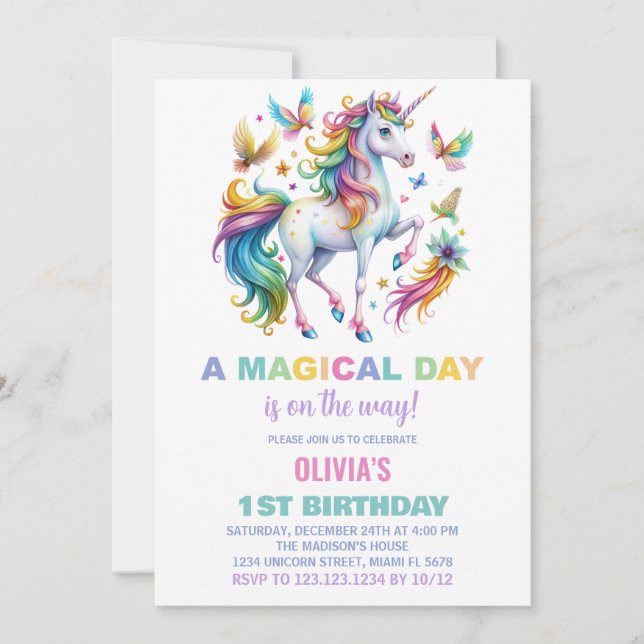 Rainbow Unicorn Birthday-inbjudningar Inbjudningar (Framsida)