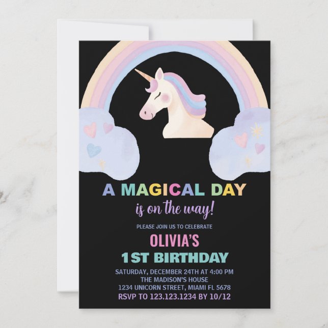 Rainbow Unicorn Birthday-inbjudningar Inbjudningar (Framsida)