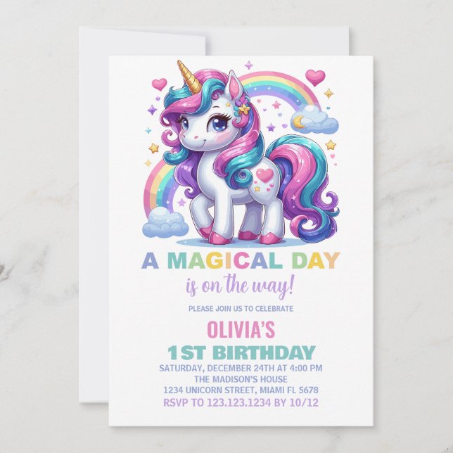 Rainbow Unicorn Birthday-inbjudningar Inbjudningar (Framsida)