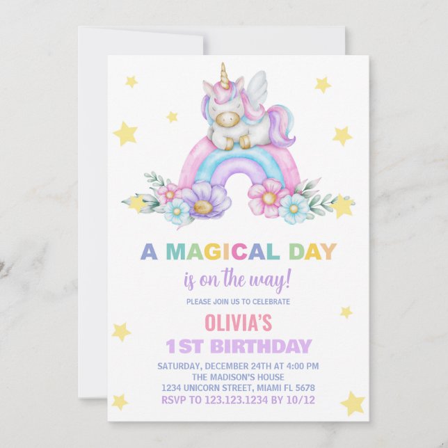 Rainbow Unicorn Birthday-inbjudningar Inbjudningar (Framsida)