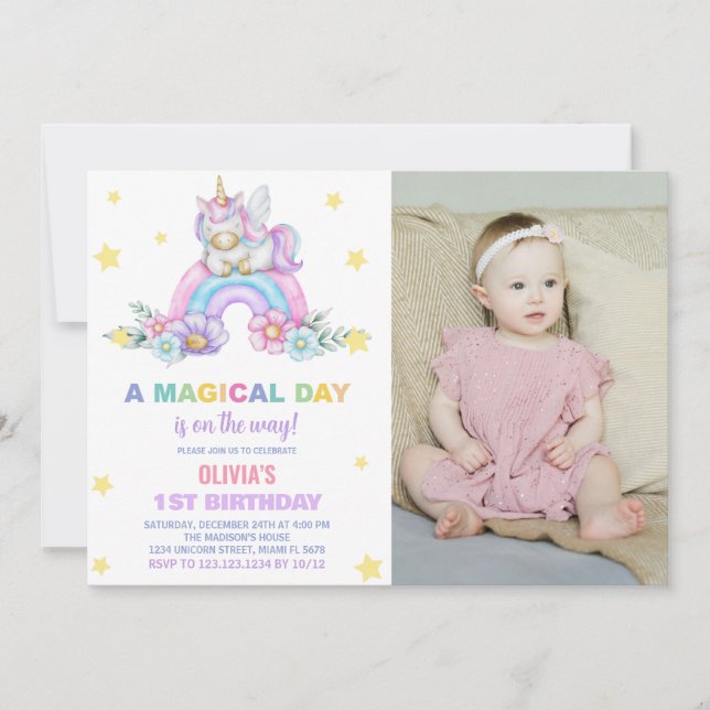 Rainbow Unicorn Birthday-inbjudningar med foto Inbjudningar (Framsida)