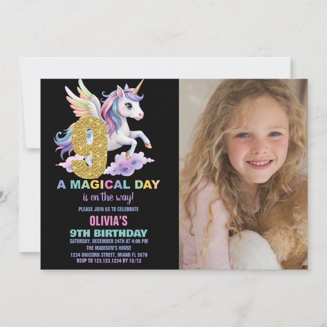 Rainbow Unicorn Birthday-inbjudningar med foto Inbjudningar (Framsida)