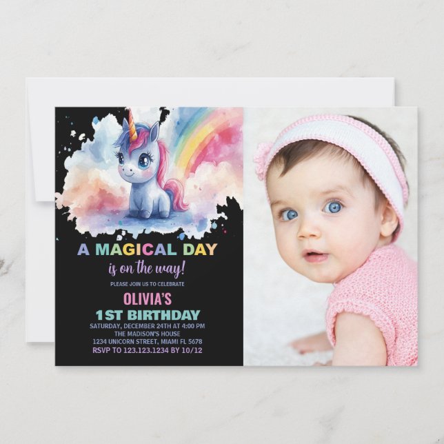 Rainbow Unicorn Birthday-inbjudningar med foto Inbjudningar (Framsida)