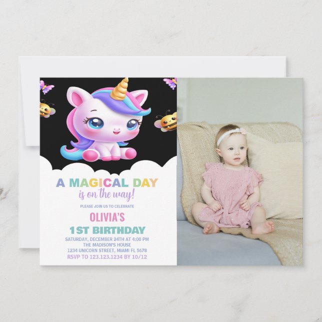 Rainbow Unicorn Birthday-inbjudningar med foto Inbjudningar (Framsida)