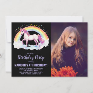 Rainbow Unicorn Birthday-inbjudningar med foto Inbjudningar