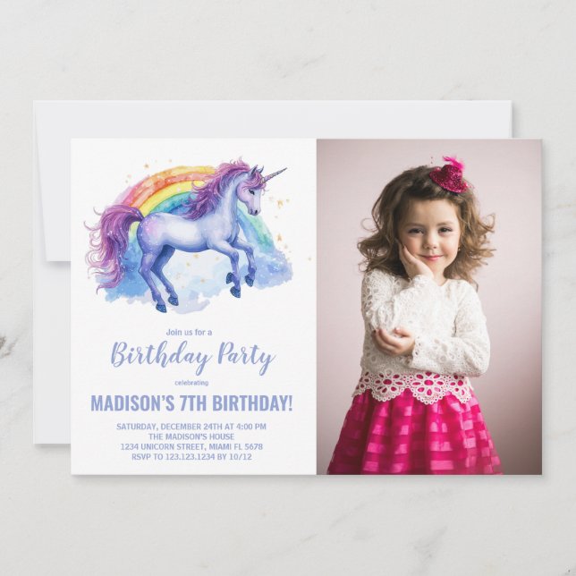 Rainbow Unicorn Birthday-inbjudningar med foto Inbjudningar (Framsida)