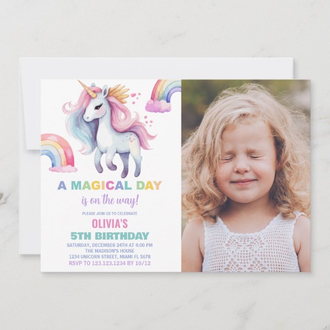 Rainbow Unicorn Birthday-inbjudningar med foto Inbjudningar (Framsida)
