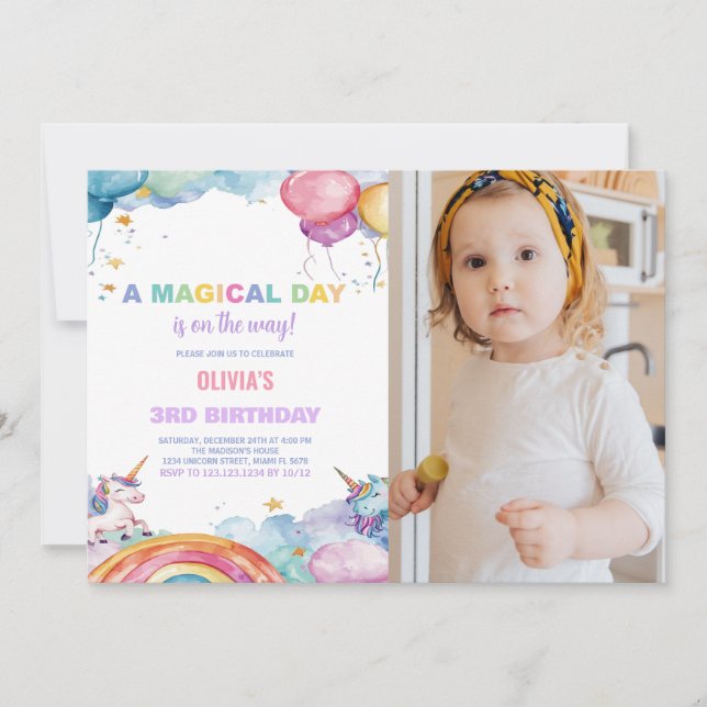 Rainbow Unicorn Birthday-inbjudningar med foto Inbjudningar (Framsida)