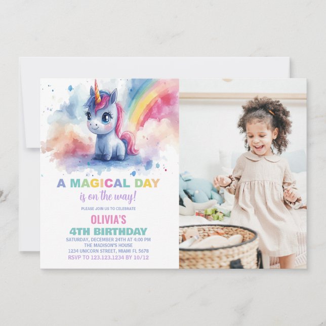Rainbow Unicorn Birthday-inbjudningar med foto Inbjudningar (Framsida)