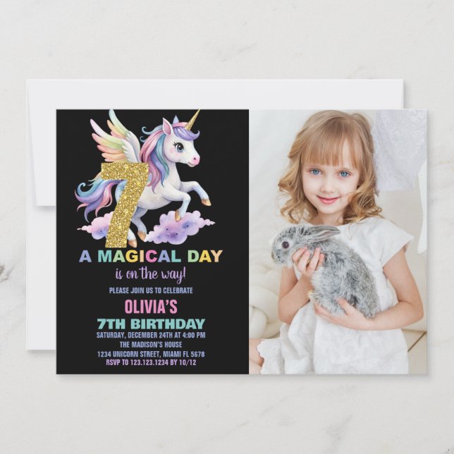 Rainbow Unicorn Birthday-inbjudningar med foto Inbjudningar (Framsida)
