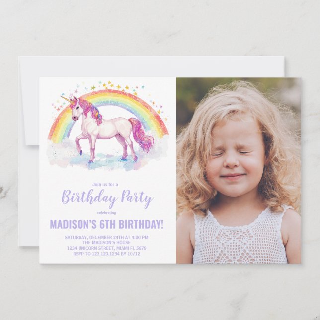Rainbow Unicorn Birthday-inbjudningar med foto Inbjudningar (Framsida)